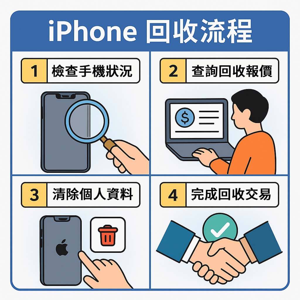 iPhone 回收流程四步驟圖示:檢查、報價、清除資料、完成交易